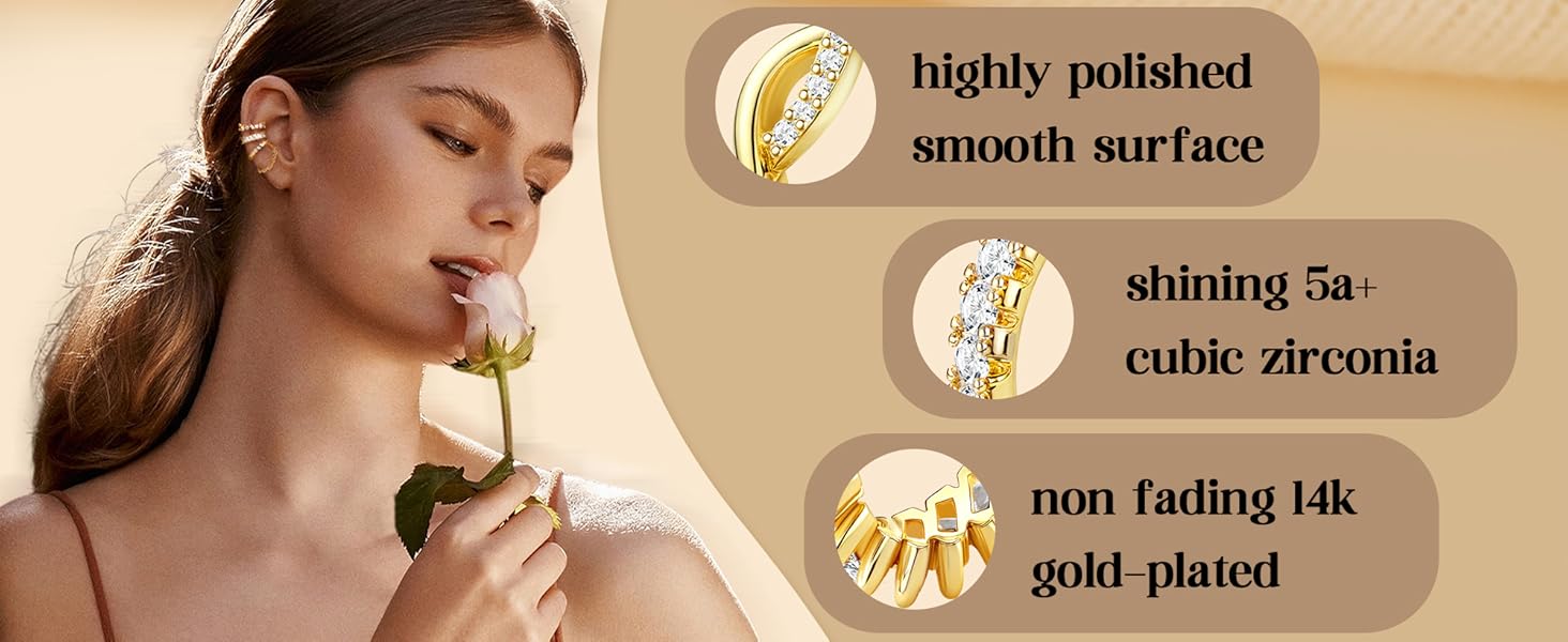 CASAIECA Ear Cuffs Non-Piercing Earrings for Women Cute Small Clip-On Cartilage Earring 14k Gold Plated Dainty Fake Piercings Earings