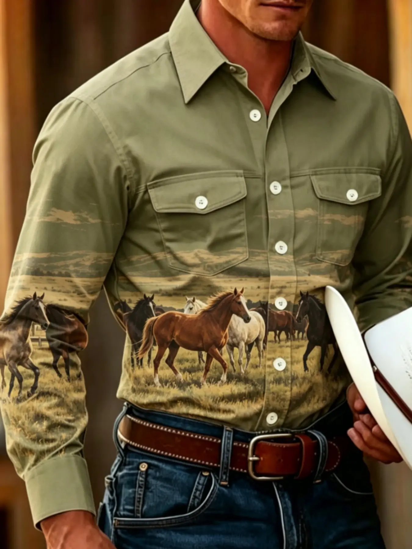Western Style Long Sleeve Shirt, All over Print Slim Fit Top, Casual Western Wear, Unisex Design, Perfect for Daily Use