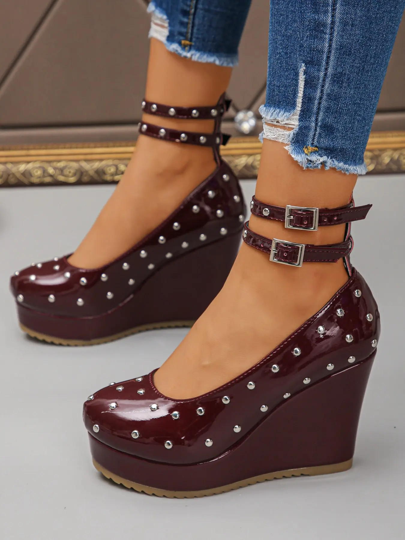 Double Color Rivet Wedge Mary Jane Shoes, Dual Layer Strap Bright PU Leather, Punk Style High Heel Waterproof Platform Sandals for Women, Chunky Platform Shoes, Chunky Wedge Sole
