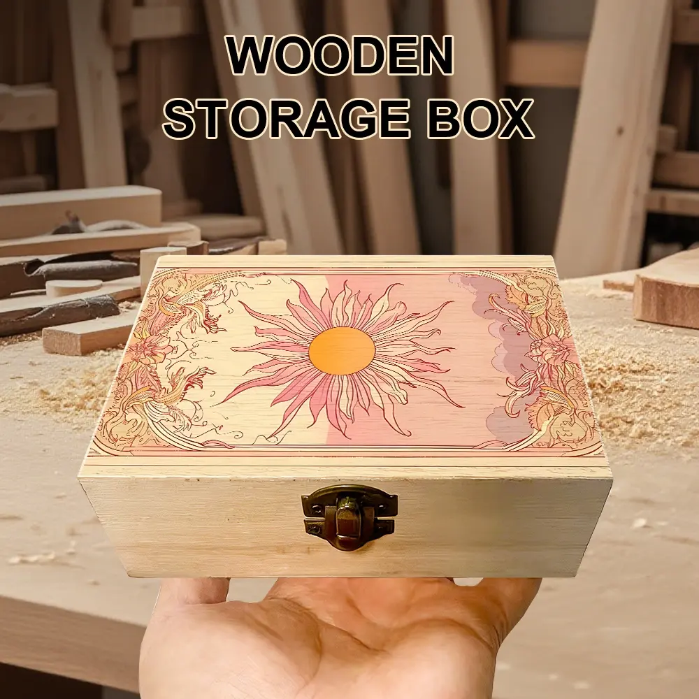 1Pc Wooden Storage Box, Gift Storage Box with Art Nouveau - style Sun and Floral Illustration, Small Trinket Organizer, Stylish Organizer, Keepsake Box for Jewelry Collection, Desk Organization, Souvenir Storage, Bohemian Home Decor