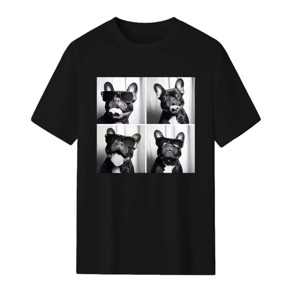 Unisex Sporty Chic Loose-Fitting Crew Neck Short Sleeve T-Shirt, 4-Panel Cool Sunglasses French Bulldog Black White Photo Graphic Pet Lover Tee Top - Note: Size up if you love a relaxed casual wearing experience