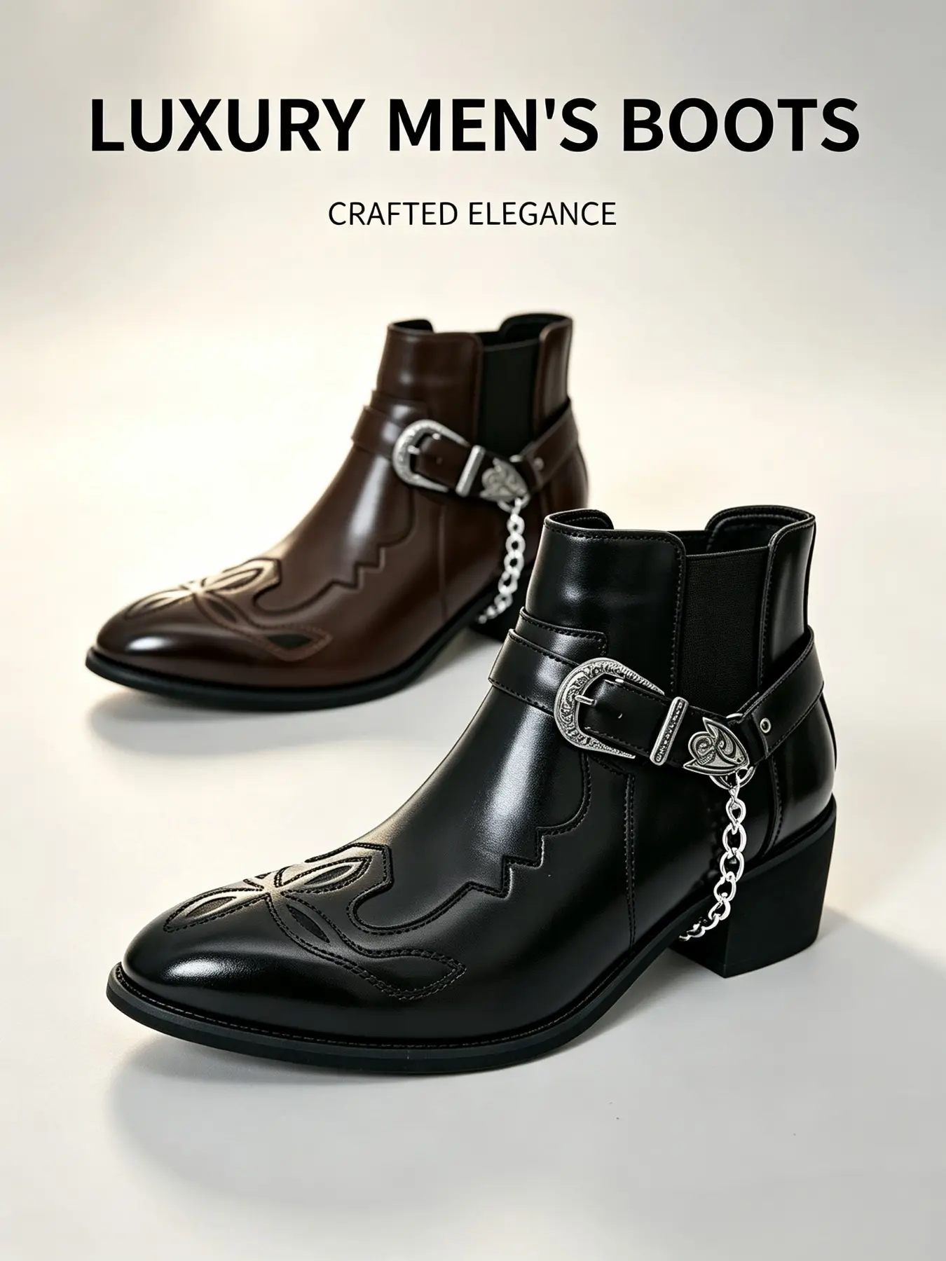 Men's High Top Boots PU Embroidery Pointed Toe, Casual Retro Western Cowboy Short Boots, Metal Buckle Chain Decor, Chunky Heel, Two Colors Available