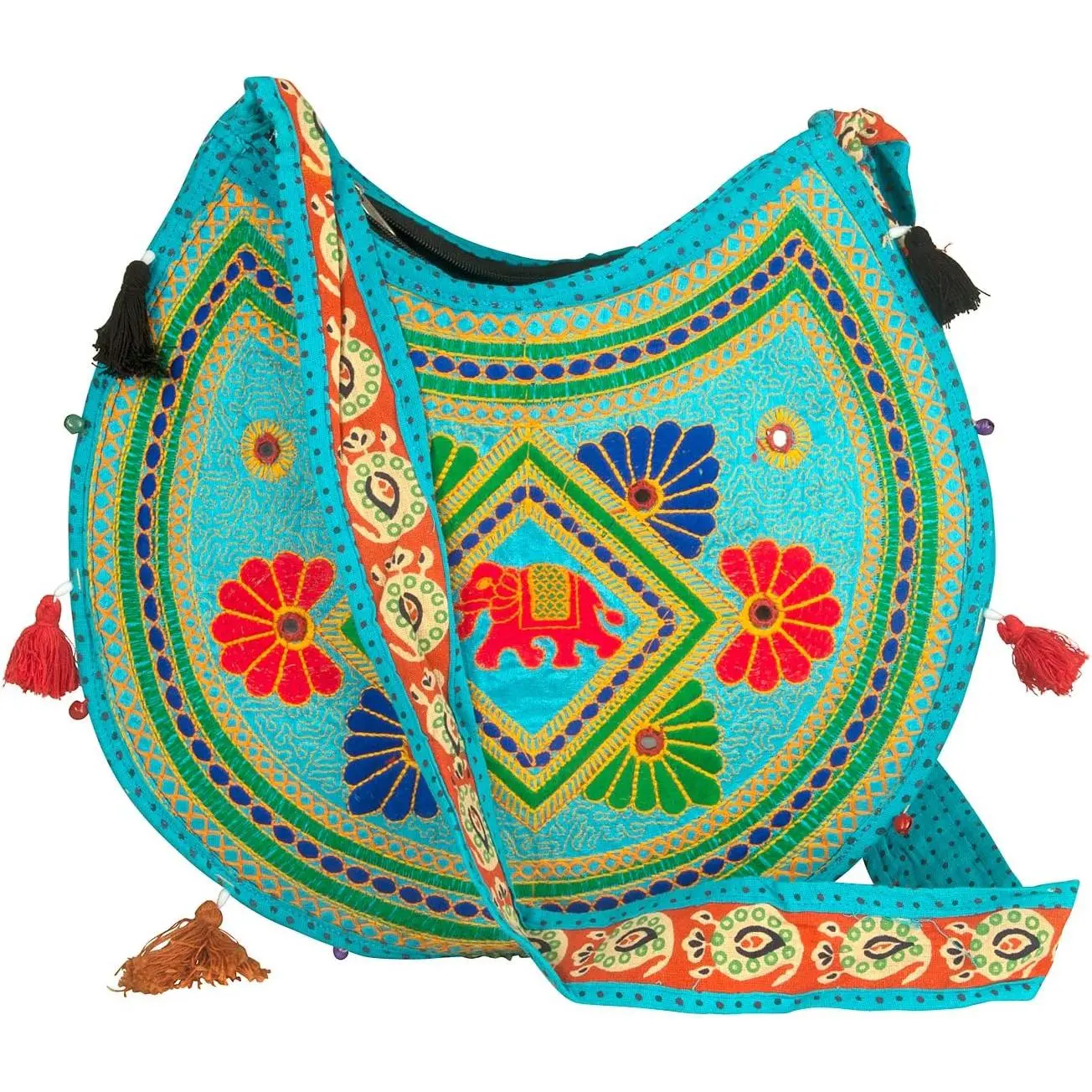 Women's Modern Boho Hobo Crossbody Bag - Large Roomy Synthetic Stone-Dyed Patchwork Purse with Embroidery, Double-Stitching, Zipper for Casual Wear
