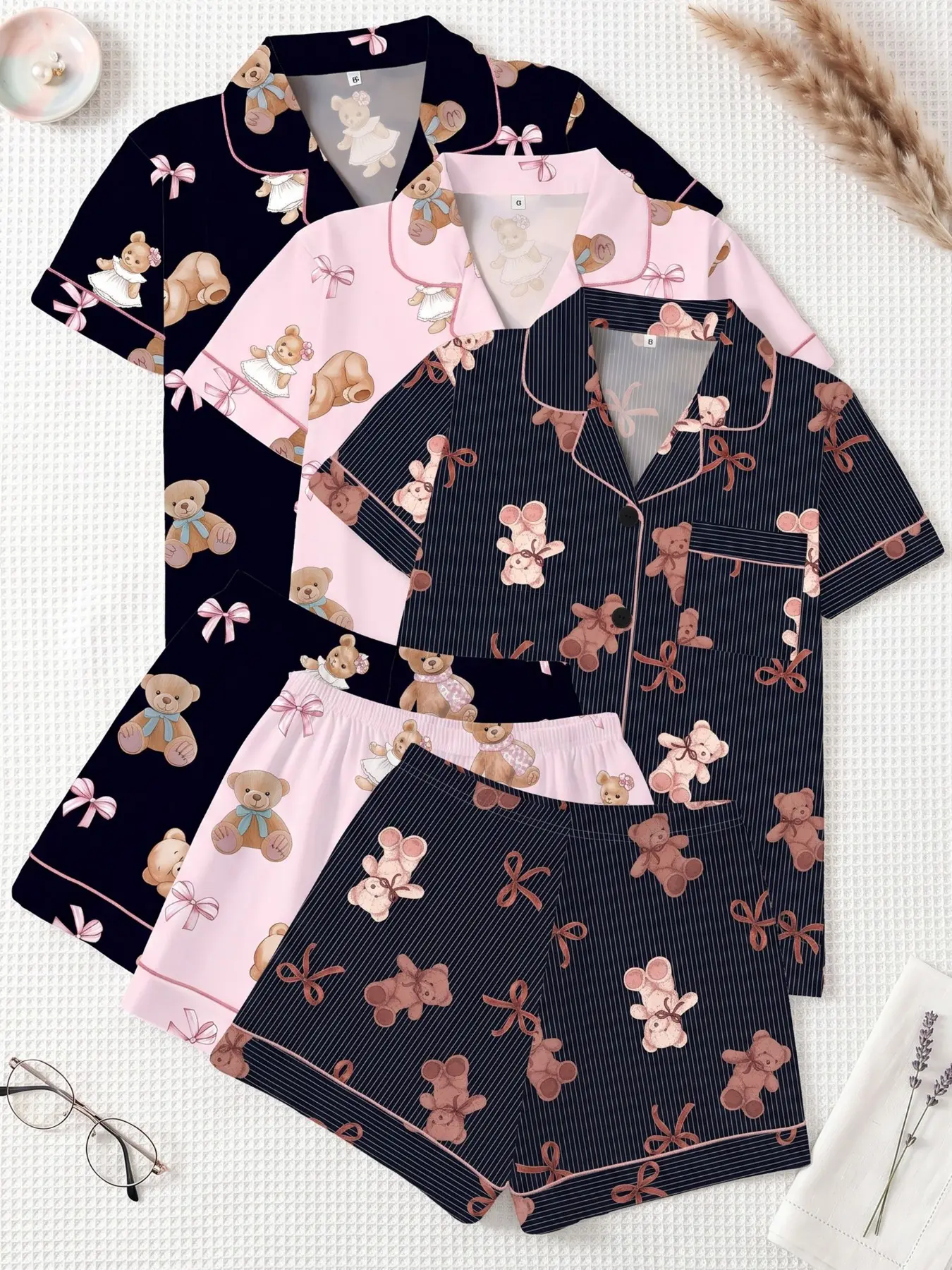3-Piece Pajama Set for Women, Casual Short Sleeve Sleepwear Loungewear, Breathable and Comfortable, Cute Bear Print, Ideal for All Seasons
