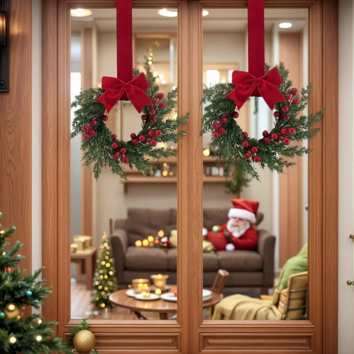 2-Pack Artificial Christmas Wreaths Door Decorations, Festive Holiday Ornaments for Front Door, Kitchen Window, Fireplace, Wall Hanging