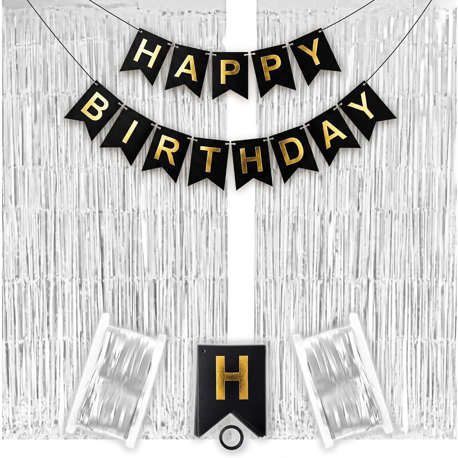 Backdrop 2 Pack, Tinsel Backdrop 3x9FT with Birthday Banner,  Tinsel Foil Fringe Curtain for Birthday Party Decorations, Photo Booth Props, Party Supplies