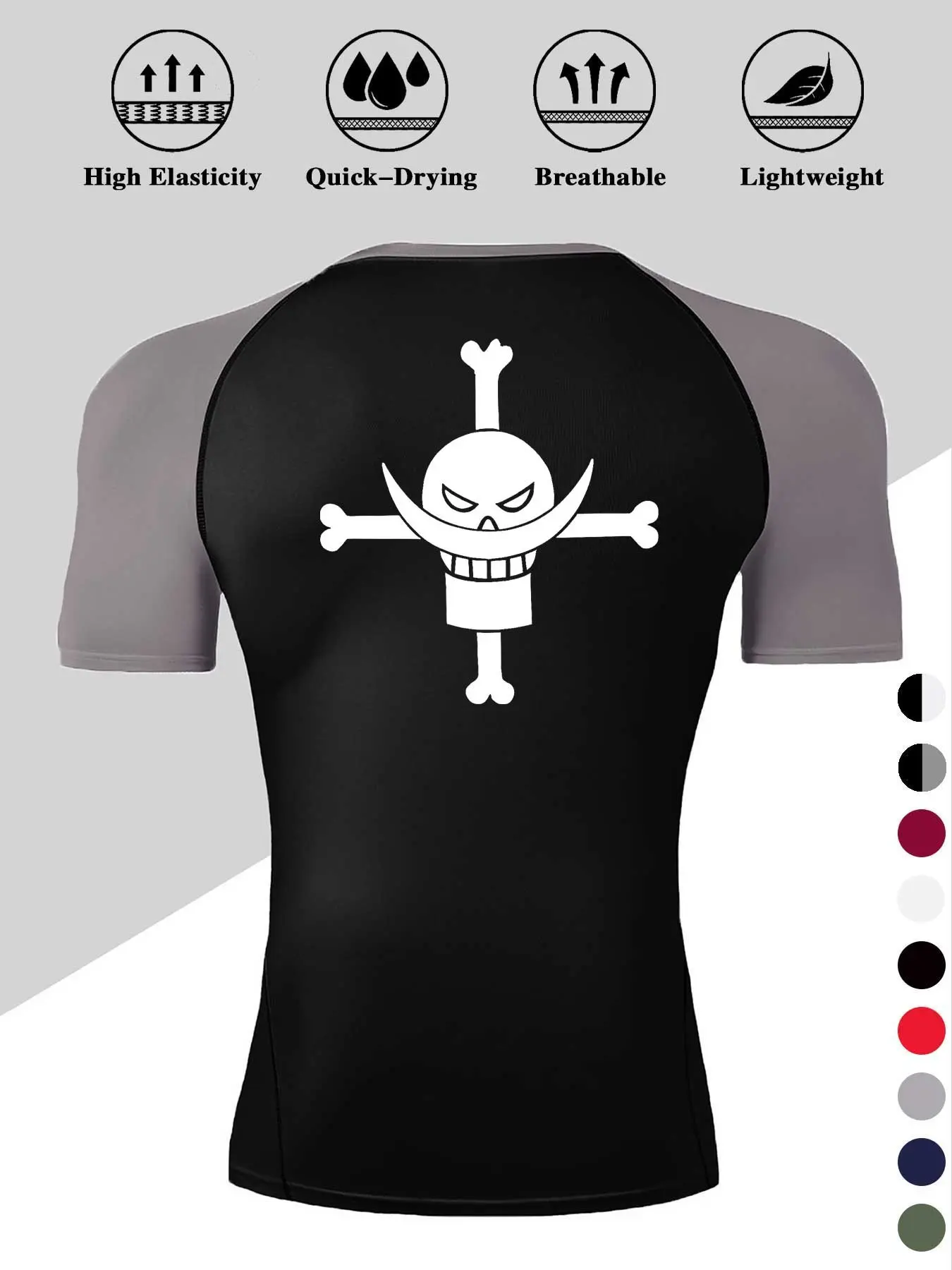 Men's High Stretch Quick-Dry Tight Fit Sports T-Shirt, Skull Print, Breathable Knit Fabric, Ideal for Fitness, Running, Training