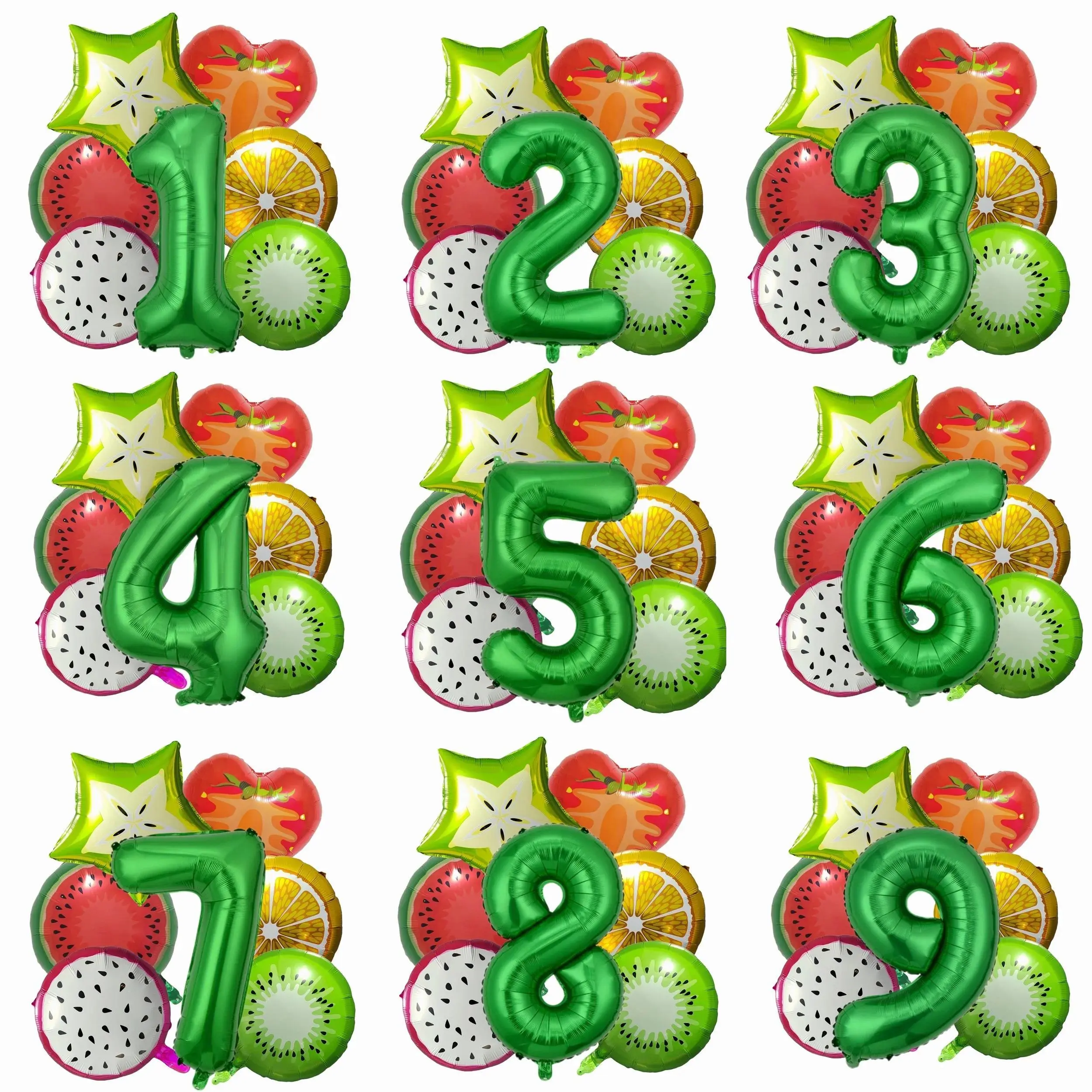 7PCS Rubber Fruit-Shaped Foil Balloons - Strawberry, Pitaya, Watermelon, Orange, Kiwi, 0-9 Number Designs, Kids' Birthday Party Garden Decorations, Fruit Shapes