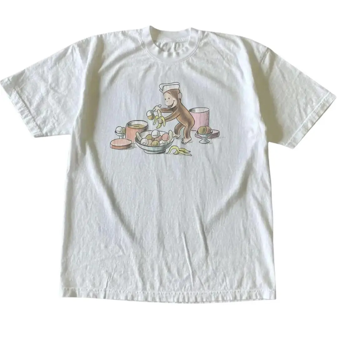 Curious George Ice Cream And Banana T-Shirt, Animal Tee, Cartoon Tshirt, Gifts Shirt, Unisex Vintage Graphic Tees Gothic Grunge Y2k Emo Scene Amity Affliction Style Clothes Men Women Streetwear