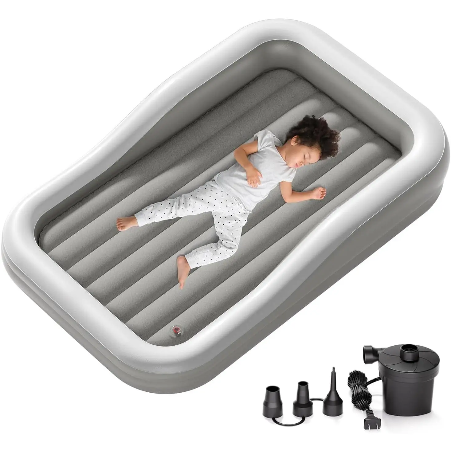 Inflatable Toddler Travel Bed for Children, Extra Large Portable Air Mattress with 3-Sided Safety Bumpers and Detachable Inner Mattress, Includes Carry Bag for Home & Camping (Grey), 1* Inflatable Toddler Mattress