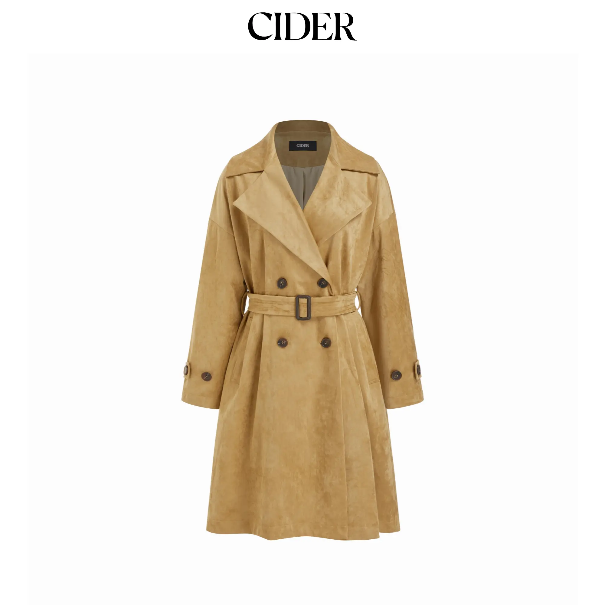 Cider Suede Notched Collar Double Breasted Oversized Trench Coat With Belt SohoChic