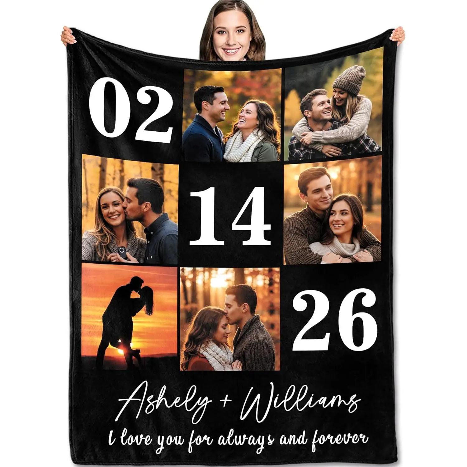 Personalized Date 6 Picture Couple Flannel Throw Blanket, Custom Love Forever Always Soft Cover, Cozy Warm Romantic Gift for Girlfriend Boyfriend Her Him, Anniversary Valentine Home Decor for Couch Sofa Bed, Summer AC Nap Blanket, Ashely Williams