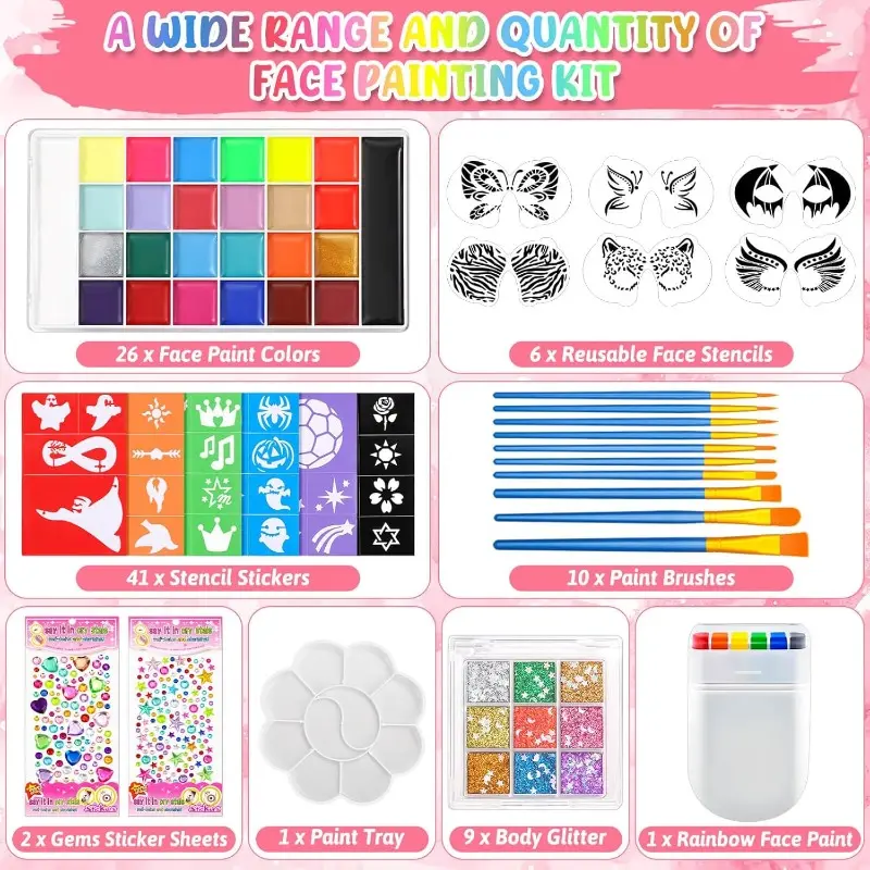 Rainbow Face Paint Palette with Complete Tools: Body Paint Set, Face Painting Stencils, Stickers, Brushes, Sequins and Rhinestones. Easy to apply, perfect for Halloween, cheering events, themed parties and cosplay looks.