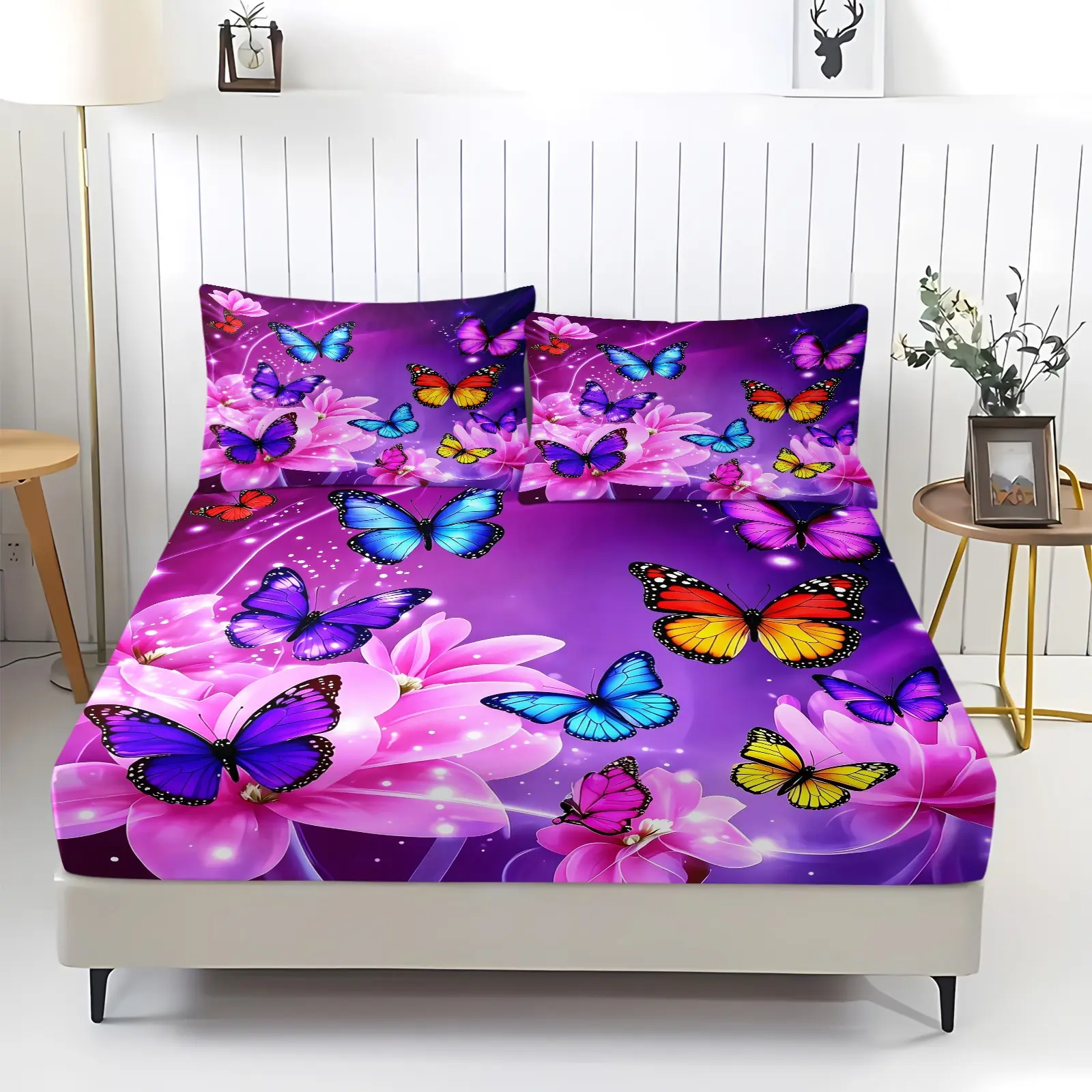 Purple Butterfly Breathable Fitted Sheet Sets With 2 Pillowcases, Colorful Flowers Bedding Set 3Pcs for Girls Woman Adult Room Decor, Dreamy Galaxy Bed Cover 3 Pcs Bed Sheets