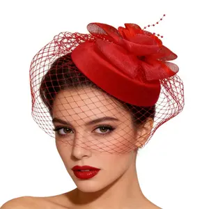 Vintage Pillbox Hat Fascinator for Women, Red Flower Birdcage Veil Hair Clip, Retro Royal Tea Party Headpiece, Wedding Bridal Derby Church Cocktail