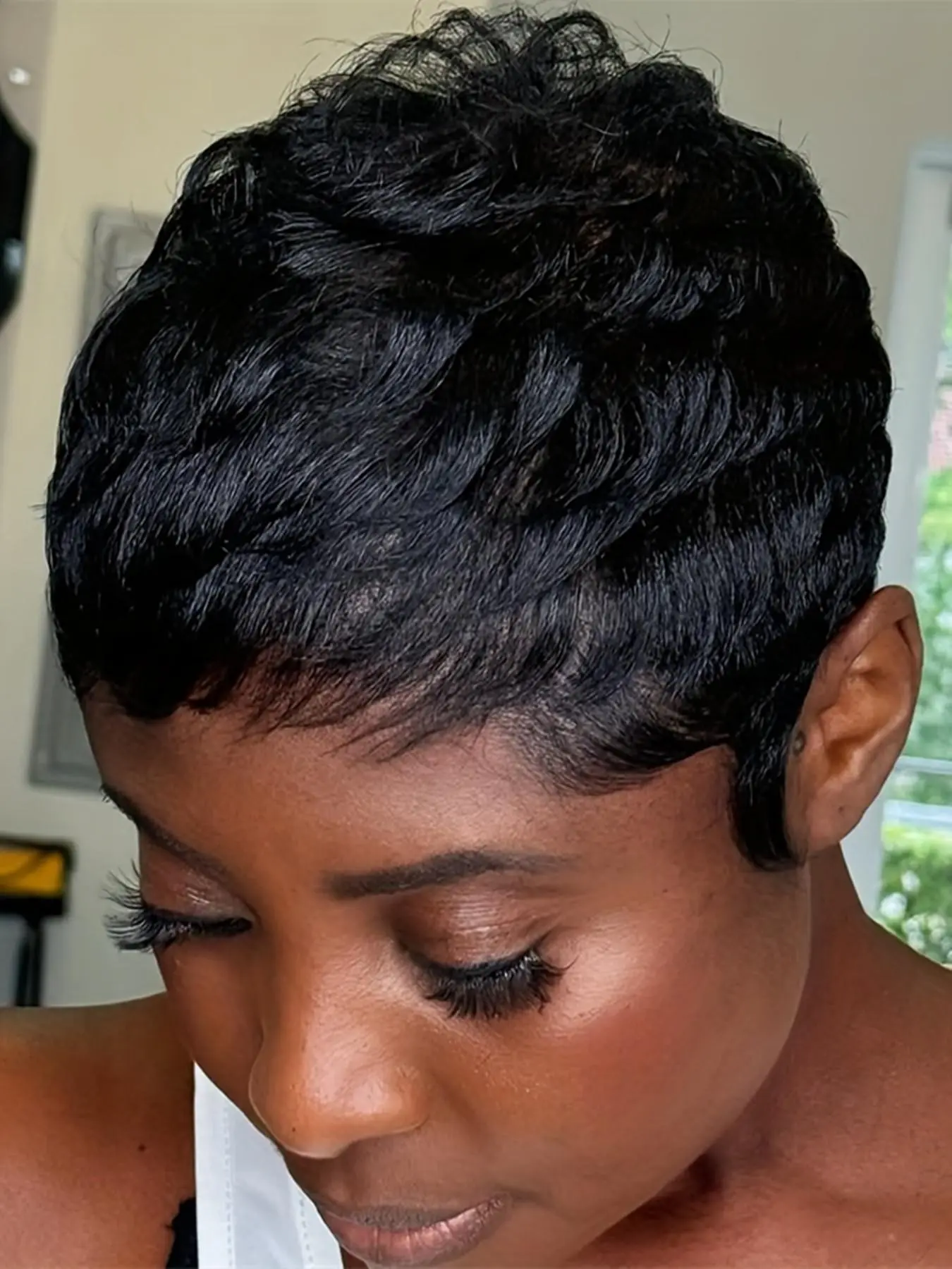 Short Straight Layered Pixie Wig, Burgundy 30, Human Hair Silky Wig, Machine Made, Halloween Party Gift