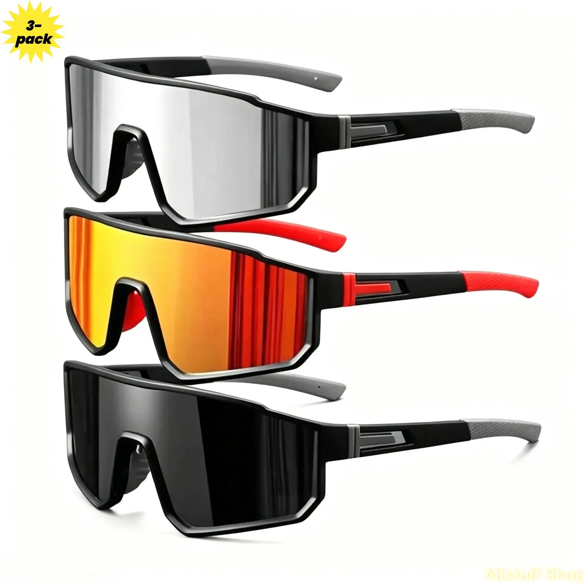 Men's 3-Pack Large Frame Polarized Sunglasses - Lightweight, Anti-Ultraviolet, Bold Style Athletic Black Wraparound Eyewear with Non-Slip Nose Pads (Guys Gifts, Cool Outdoor Stuff) for Fishing, Daily Wear, Unisex, Polarized Lenses, 3-Pieces, Anti-Glare