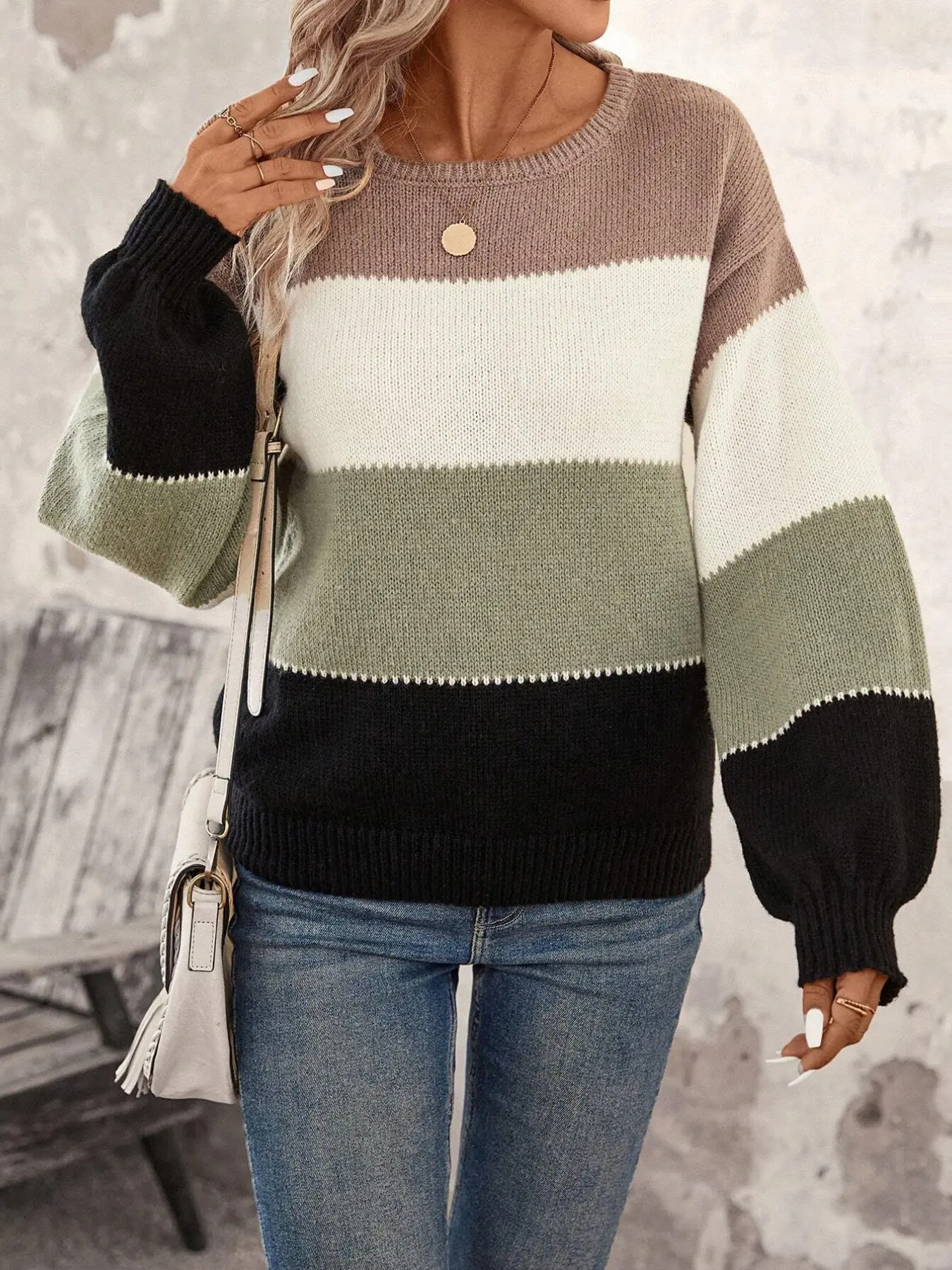 Autumn Winter Colorblock Striped Loose Casual Sweater, Vintage Coffee Patchwork Long Sleeve Knit Top, Comfortable Base Layer