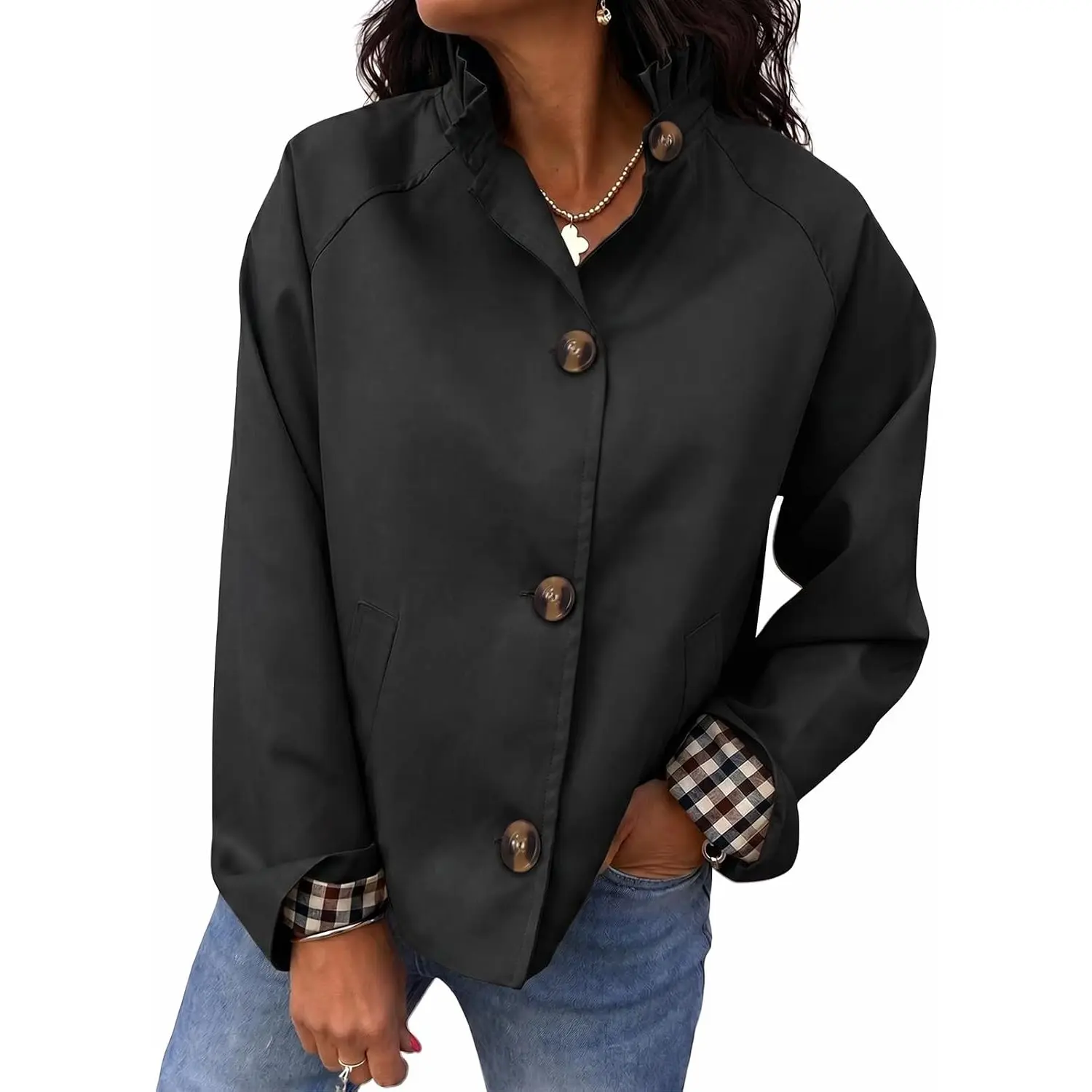 Cicy Bell Womens Cropped Short Trench Coat Single Breasted Ruffle Stand Collar Jackets Fall Lightweight Outerwear