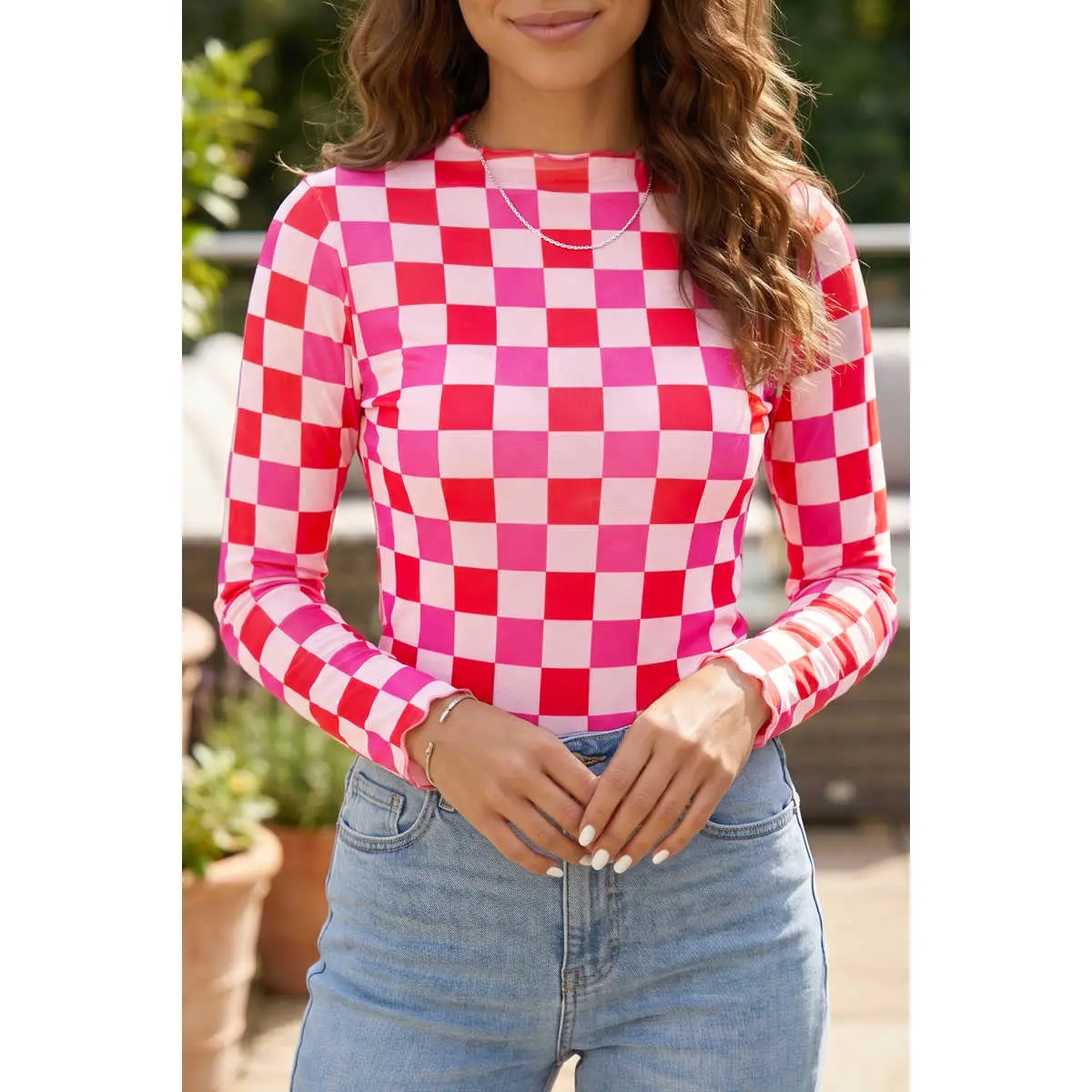 Women's Going Out Top, Western Style Sheer Mesh Blouse with a Heart Plaid Print, High Neck Longsleeve and Comfortable Slim Fit - Style Inspo, Fabric, Shirts, Longsleeves