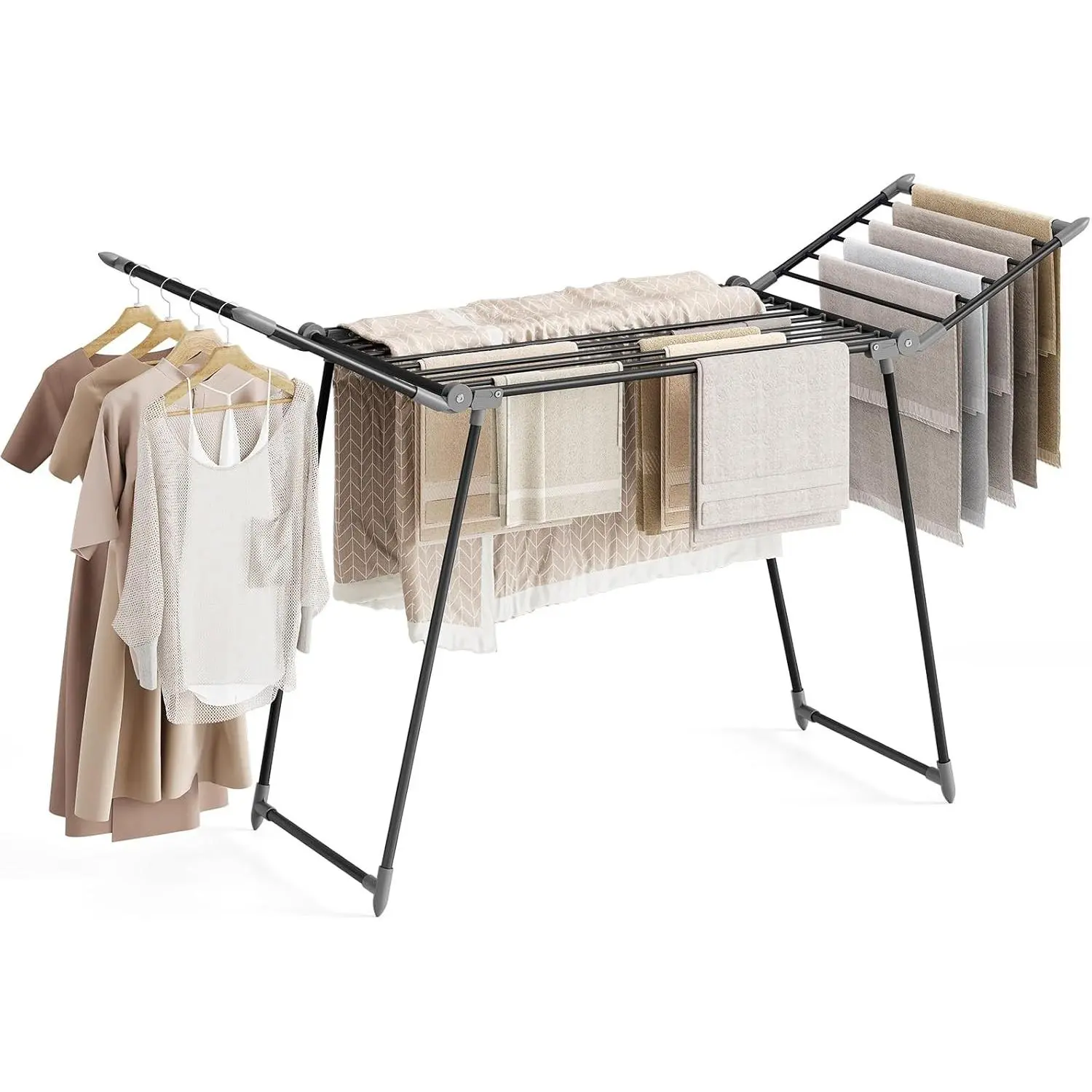 Clothes Drying Rack Foldable, Large Drying Rack Clothing, Winged Laundry Rack Folding Indoor Outdoor, Metal Clothes Airer for Bedding Towel Sweater Heavy Duty, 68.9" X 22" X 41.3", Black