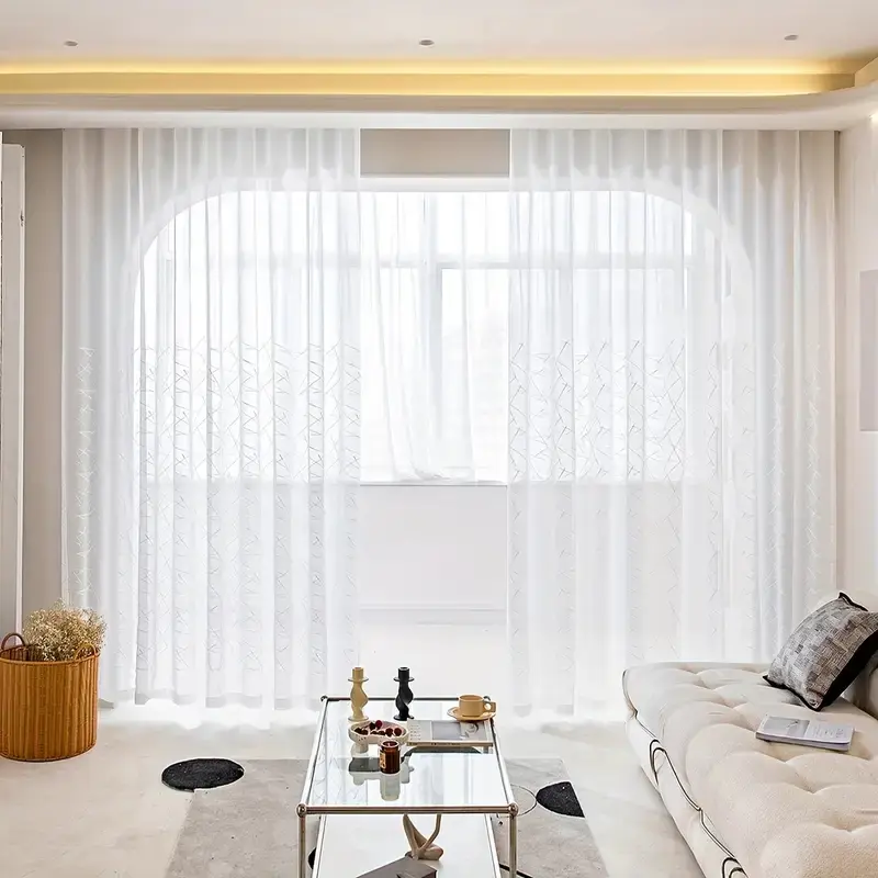 2-Panel Modern Geometric Embroidered Soft Sheer Window Curtains - Lightweight Wide 52" Barrie Gauze Home Decoration Curtains with Soft Sheer Glow for Living Room, Office - 63/84/96/102in Length, Home Decoration Curtain, Lightweight Curtains