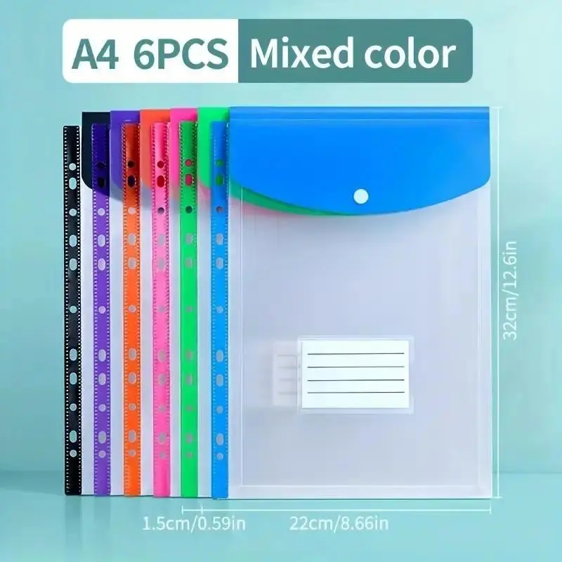 6 Pack A4 File Folders, Modern PP Plastic Binder Sleeves with Expandable Capacity and Label Pockets, 11-Hole Punched Portable Organizers for School & Office, College School Supplies, Portable Design, Home, Durable Material, Office Use, Punch Holes