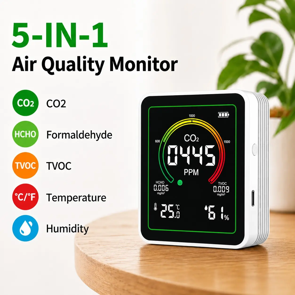 5-In-1 Air Quality Tester, Formaldehyde Co2 Tvoc Humidity Meter, Indoor Air Monitor with Three-Light Indicator, Home Office Use