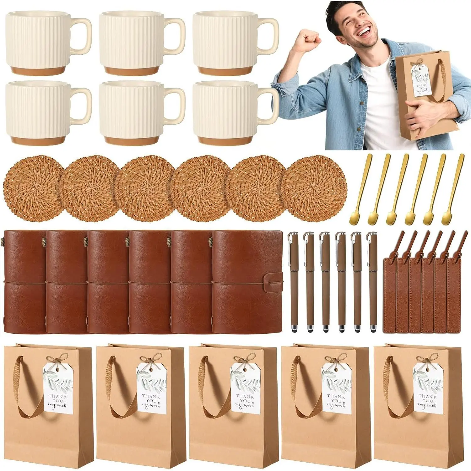 6 Sets   Shower Prizes for  Winners Party Favor Gifts for Guests Ceramic Mugs Spoons Woven Coasters PU Notebooks Bookmarks Pens  Bags and Tags Set Wedding Bridal Shower Favors(Brown)