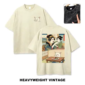 Ukiyo-e Geisha Yelling At Confused White Cat With Sushi DTG Direct-to-Garment Printed T-Shirt Retro Washed Cotton Tee, Men's Casual Comfort Street Style Tee, Vintage Japanese Meme Feline Graphic Top Oversized Streetwear Menswear Soft T-shirt