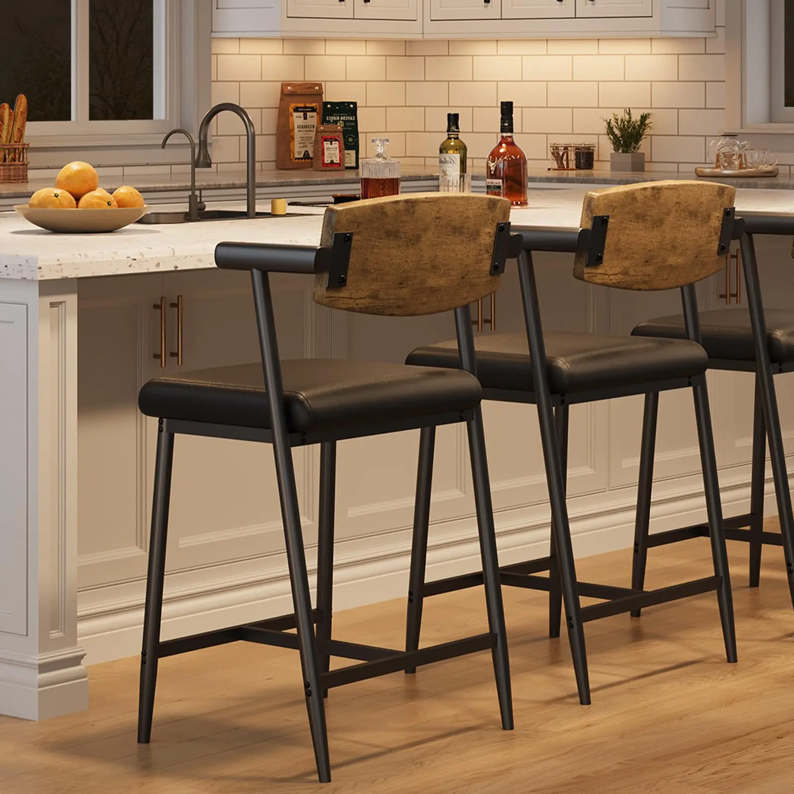 Bar Stools Set of 2 with Armrests – Counter Height Bar Stools with Footrest, Wood Back & Wide Upholstered Seat for Kitchen Islands & Counter Bars