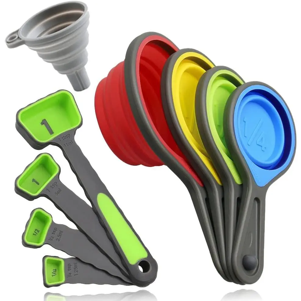8-Count Durable Collapsible Kitchen Utensils Set - BPA-Free Silicone Measuring Cups & Spoons with Handles, Scoop Design, Engraved Markings, Colorful, Space-Saving for Baking, Cooking Liquid & Dry Measuring