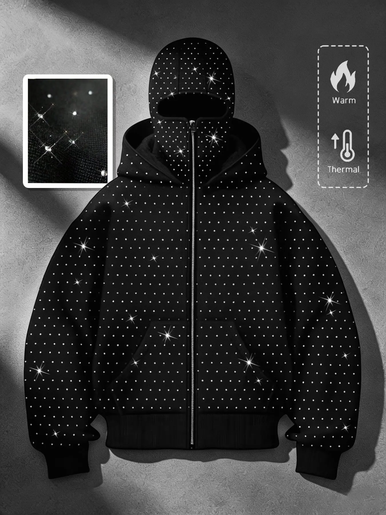 Sparkling rhinestone full-coverage double hood design streetwear zip-up jacket, fleece-lined for warmth, loose fit, comfortable, unisex hooded cardigan sweatshirt, casual, trendy, versatile, Y2K style.