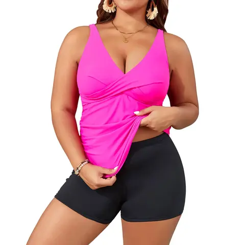 Aqua Eve Plus Size Tankini with Shorts Two Piece Swimsuits Tummy Control Bathing Suits for Women