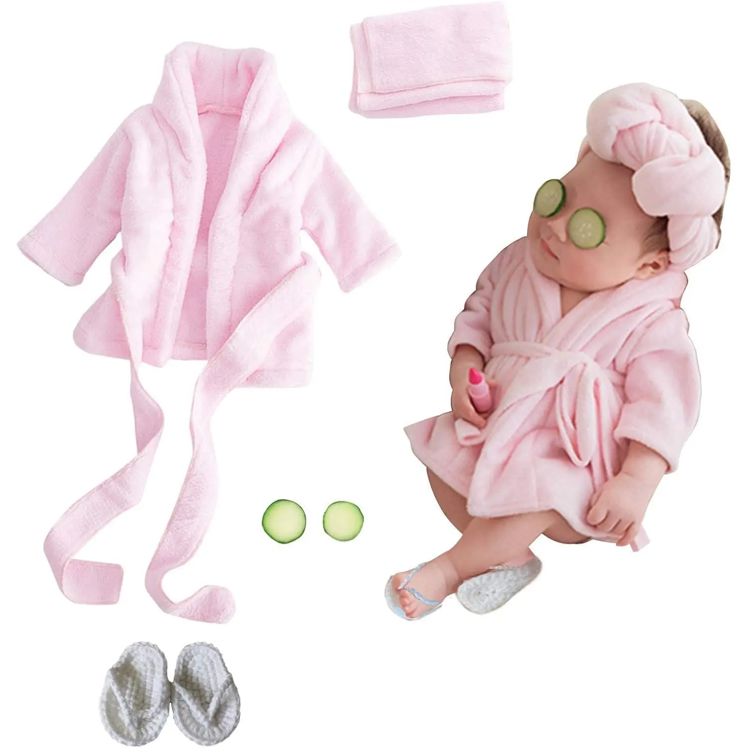 Newborn Photography Props Baby Girl 5 PCS Bathrobes Bath Towel Outfit with Slippers Cucumber Photo Props  Infant Boys Girls(0-6 Months) New model cap