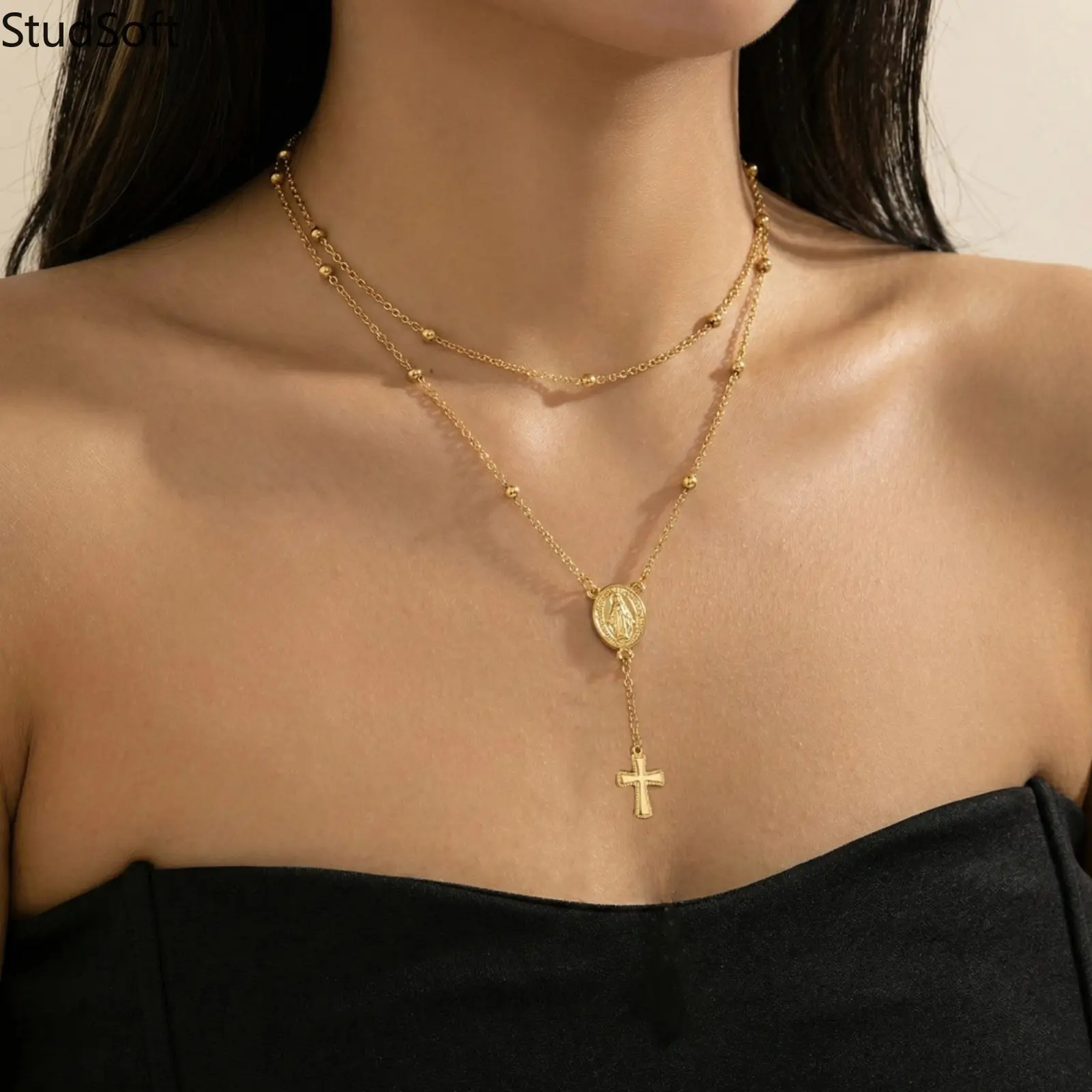 Women's Layered Gold Chain Beaded Layering Choker - Virgin Mary Miraculous Medal Cross Pendant, Satellite Beaded Rosary, Birthday Gift Ideas, Girlfriend Birthday Gift, Miraculous Medals