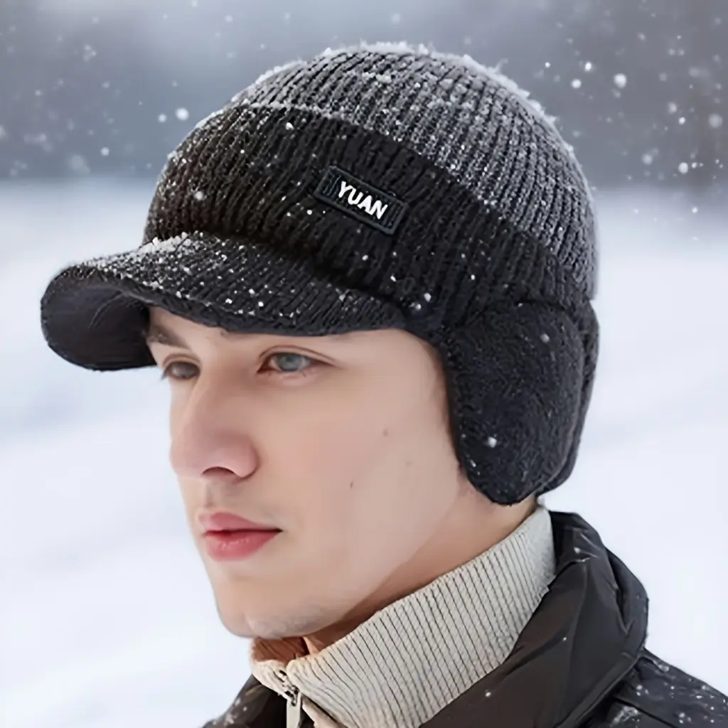 Men's Winter Knit Baseball Cap with Earflaps, Windproof Thermal Cadet Beanie, Fleece-Lined Outdoor Hat for Snow Sports