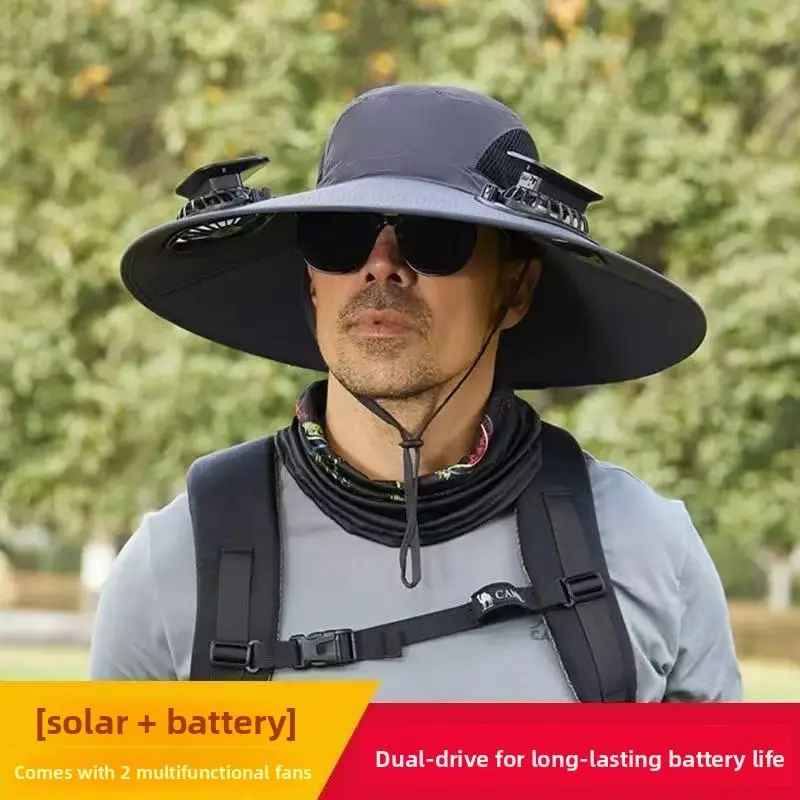 Men's Rechargeable Dual-Fan Solar Bucket Hat, Breathable Adjustable Fisherman Hat for Outdoor Cooling (Foreign Trade Hot Item, Detachable Design)