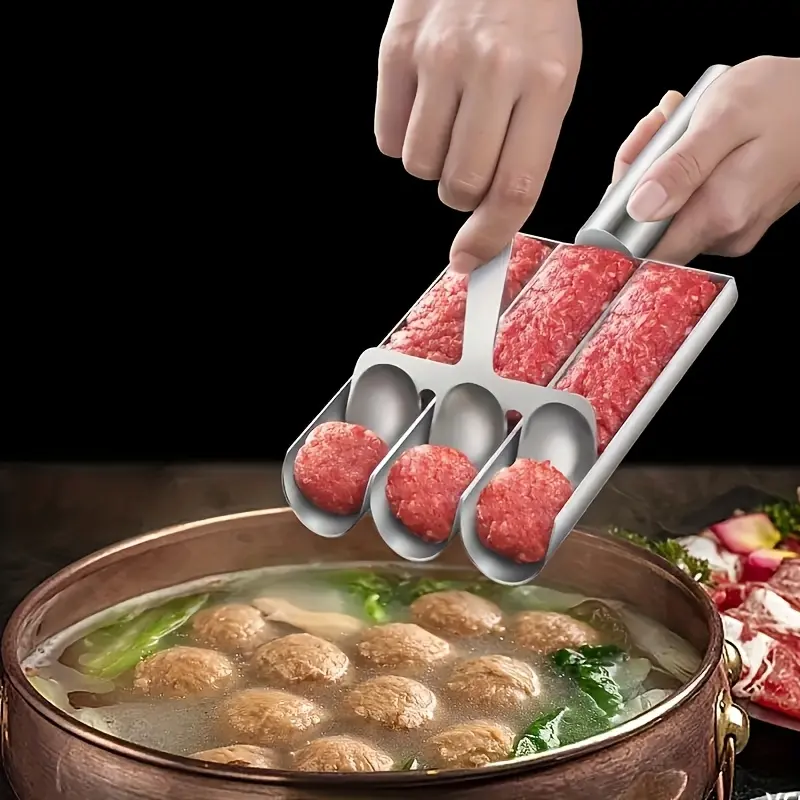 1 Stainless Steel Non-Stick Triple Meatball Maker – Food-Safe RV Kitchen Tool, Compact Kitchen Gadget, Kitchen Essential Gadget for Easy Meatball Shaping (No Power/Charging Required)