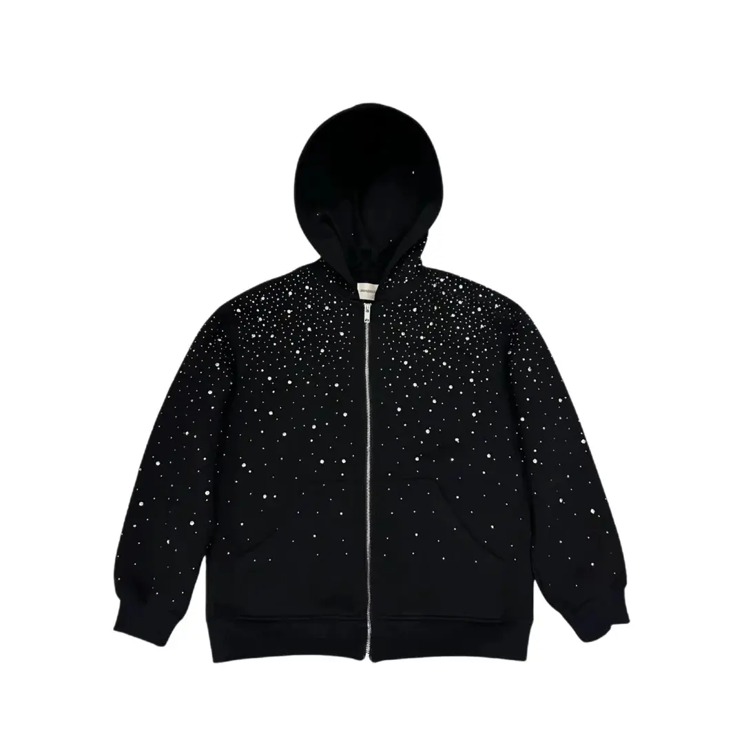 Women's Rhinestone Zip Up Hoodie, Sparkle Full Zip Hooded Sweatshirt, Oversized Long Sleeve Jacket with Pockets, Casual Streetwear Hoodie for Fall Winter
