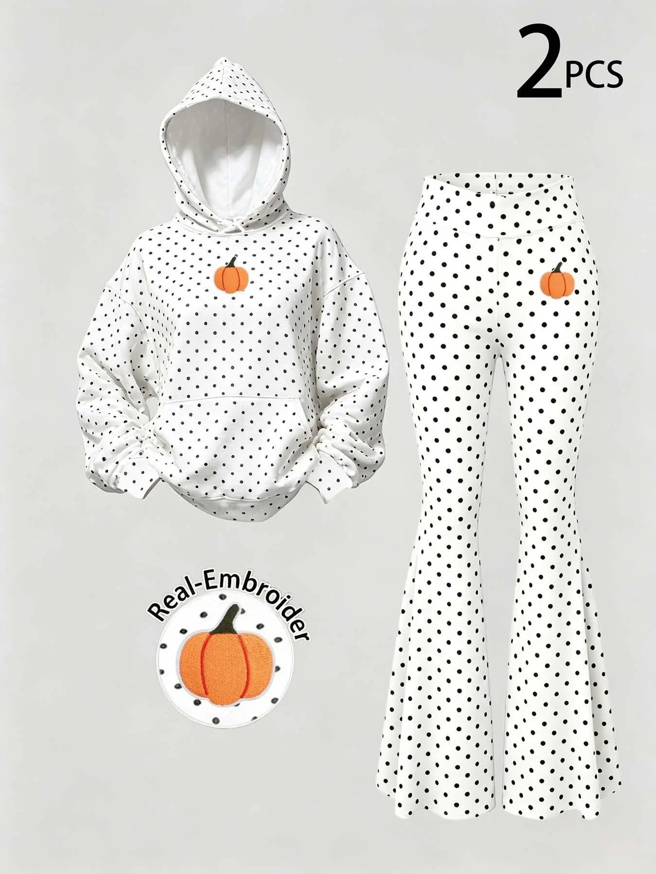 Halloween Pumpkin Embroidery Hoodie and High Waist Pants Set, Women's Fall Winter, Polka Dot, Casual Comfortable Style