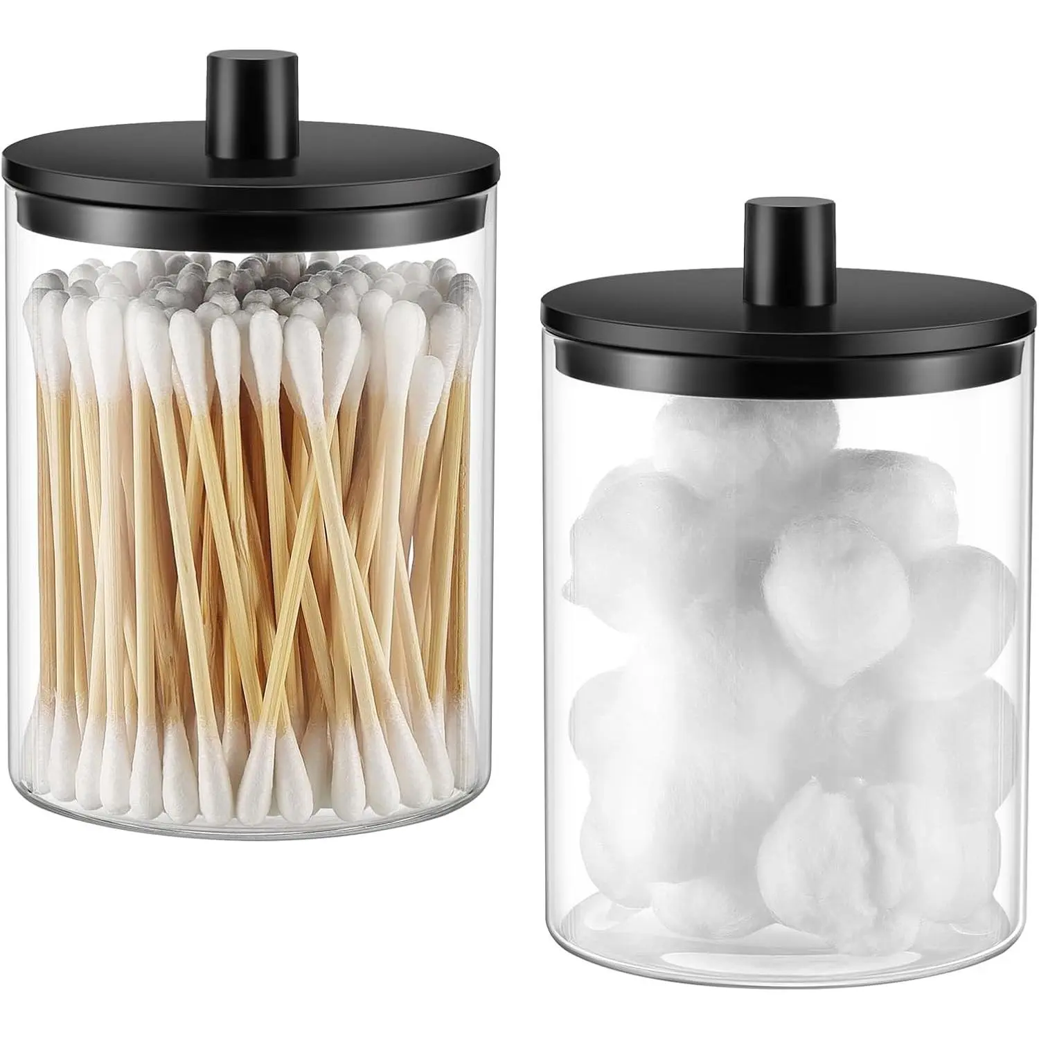 10 oz Clear Glass Qtip Holder Dispenser Apothecary Jar, 2 Pack Black Bathroom Vanity Storage Organizer Set for Cotton Swabs, Pads, Floss Picks, Small Makeup Storage Containers