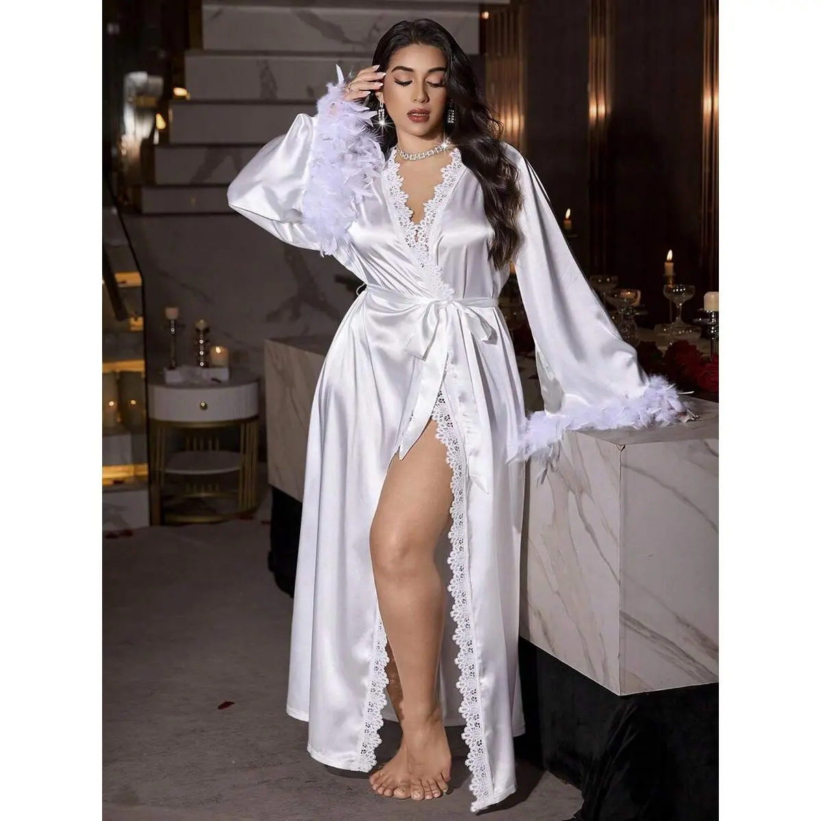 Women's Luxury Satin Bridal Robe with Faux Fur Trim and Mesh Back, Long Flare Sleeve V-Neck Wedding Gown, Gowns, Belted Maxi Bathrobes & Dressing Gowns
