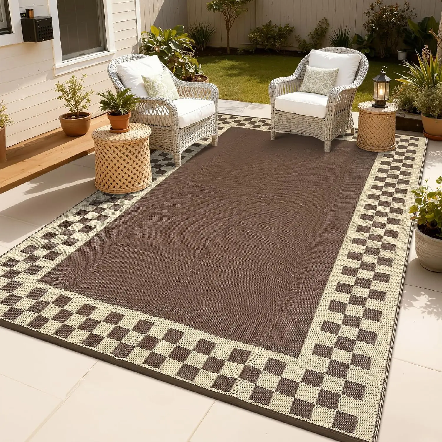 Single Checkered Border Geometric Edge Waterproof Outdoor Plastic Straw Rug - Durable, Portable, Stain-Resistant, Foldable, Lightweight Mat for Outdoor Areas, Reversible for Indoor Contemporary Home Decor, Single Rug