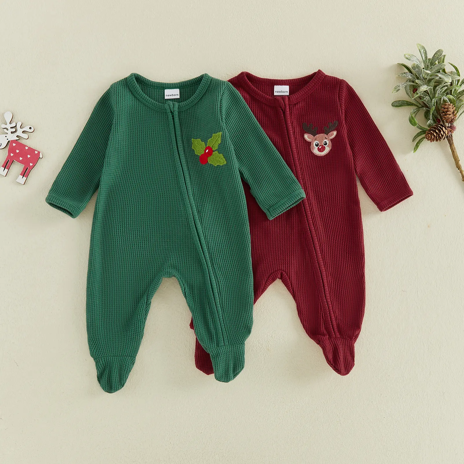 FOCUSNORM Newborn Baby Boys Girls Christmas Footed Jumpsuit Waffle Knit Zipper Long Sleeve Reindeer Embroidery Romper Fall Winter Clothes 0-6M