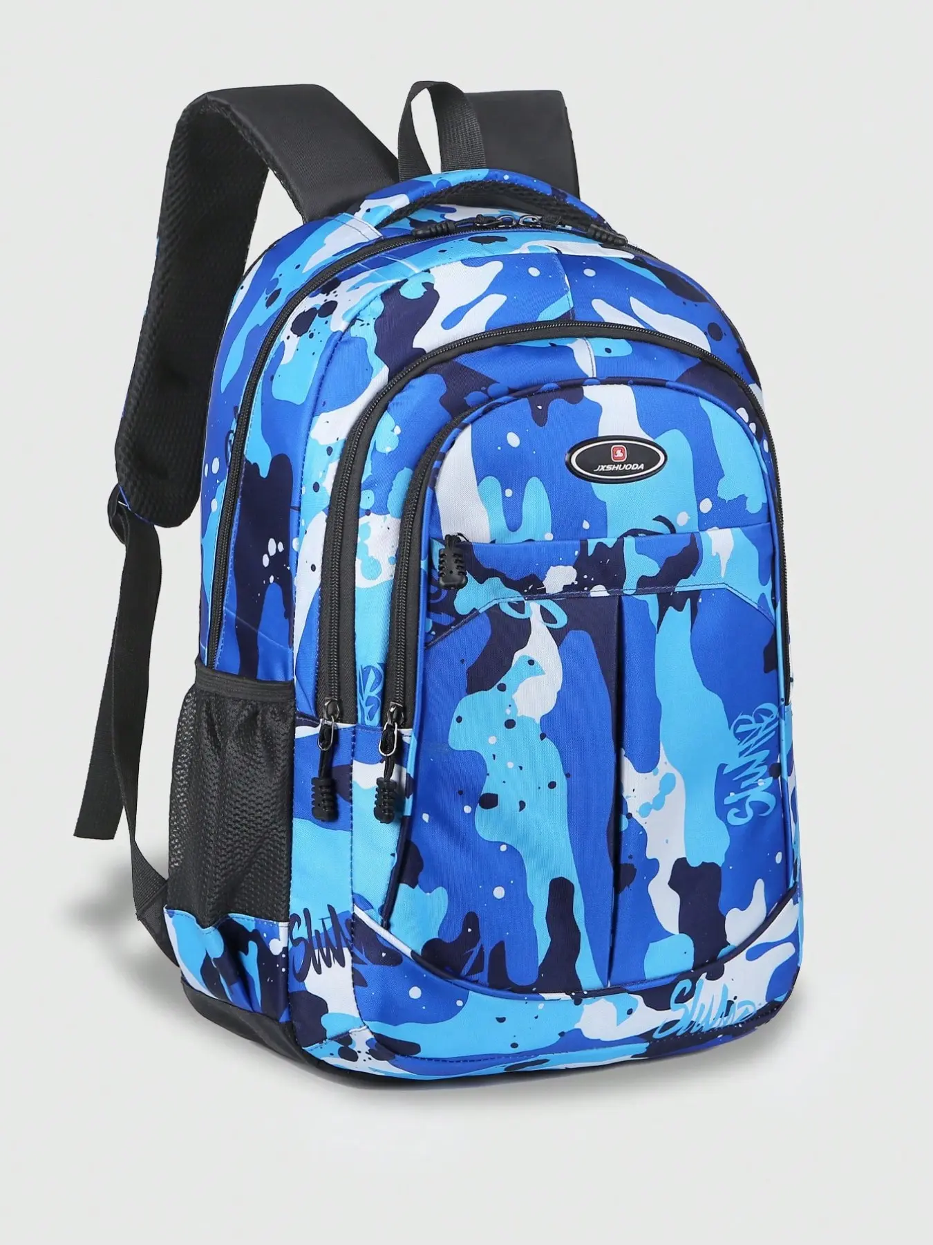 Blue Camouflage Large Capacity Durable Backpack, Waterproof School Bag for Teens, 15.6 Inch Laptop, Outdoor Travel, Gym, Campus Use
