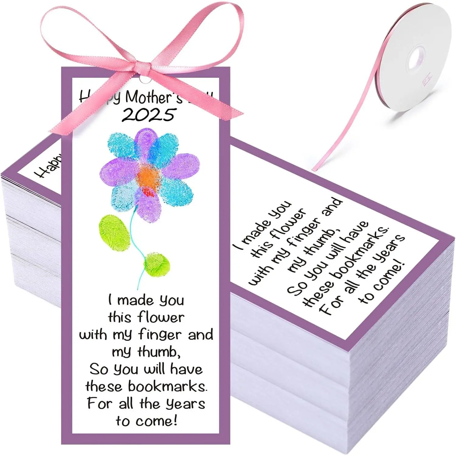 50 count Mother's Day Flower Bookmarks Set Mother's Day DIY Craft  Kits Fingerprint Bookmark with   Ribbon for Mom Grandma Girlfriend Women Birthday Gifts
