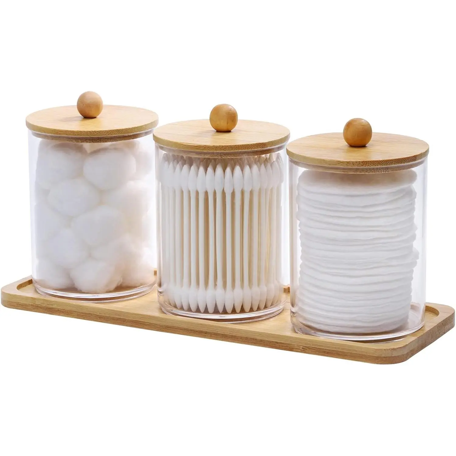 10 Oz Cotton Swab/Ball/Pad Holder with Vanity Tray, Qtip Apothecary Jar, Clear Bathroom Containers Dispenser for Storage 3 Pack Wood Lids