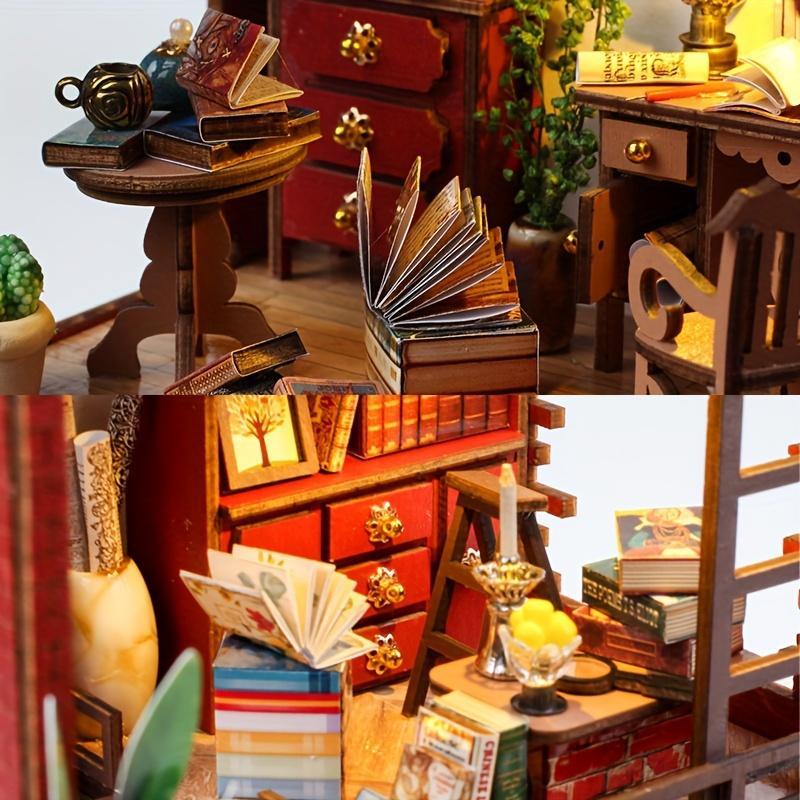 DIY Wooden Book Nook Kit, DIY Miniature House Kit with Light, 3D Desktop Decoration Ornament, DIY Model Kit for Bookshelf Decoration, House Building Kit