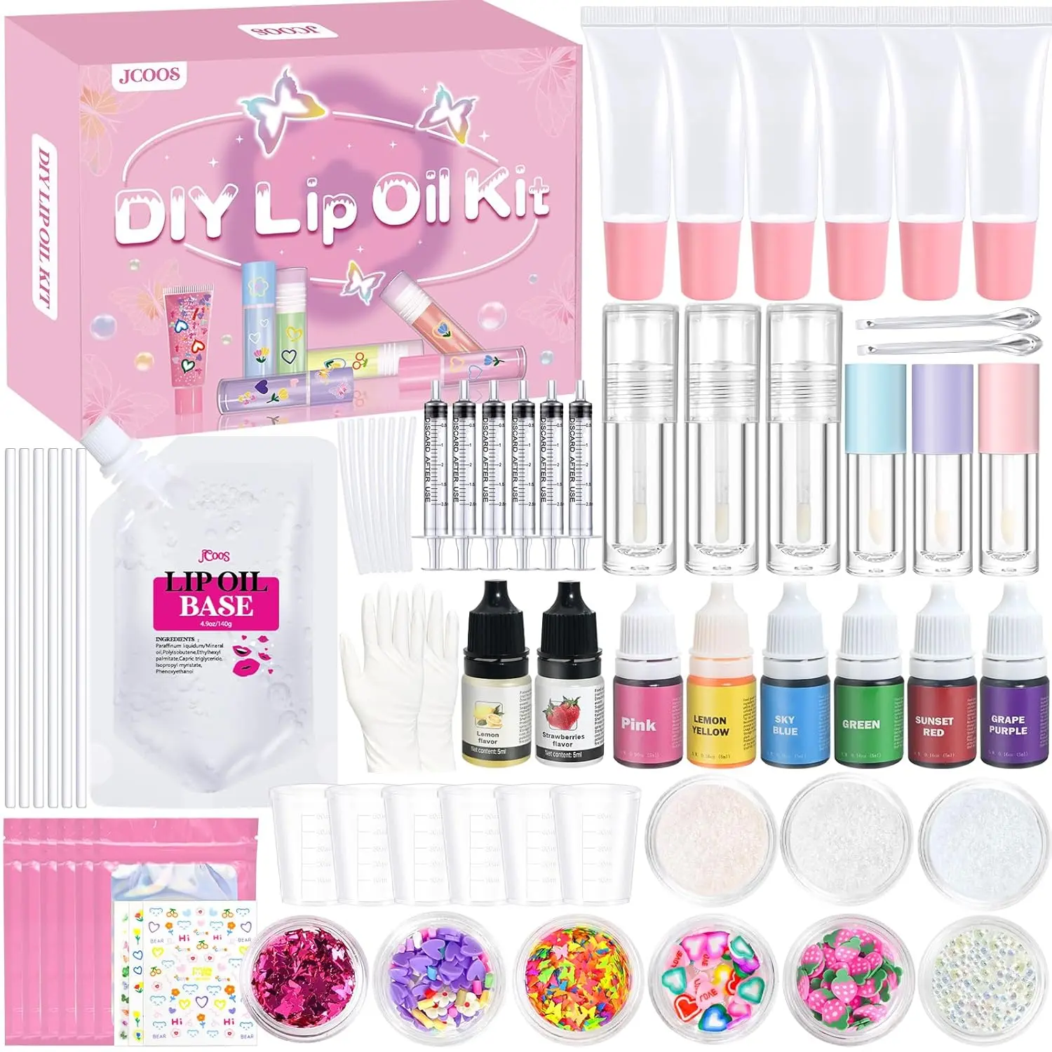 Jcoos DIY Lip Gloss Oil Make Your Own Lip Gloss Kit, Inspired Lip Oil Base with Pigment, Flavoring Oil, Glow Tubes, DIY Lip Gloss Making Kit, Moisturizing Lipglosses for Girls Women Christmas Gifts